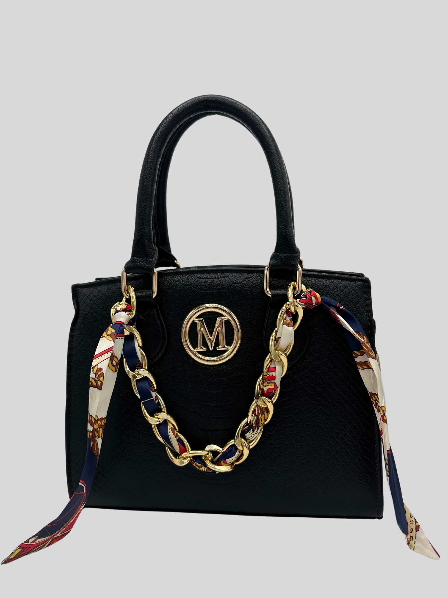 Handtasche mit goldenem "M" und passender Clutch Schwarz