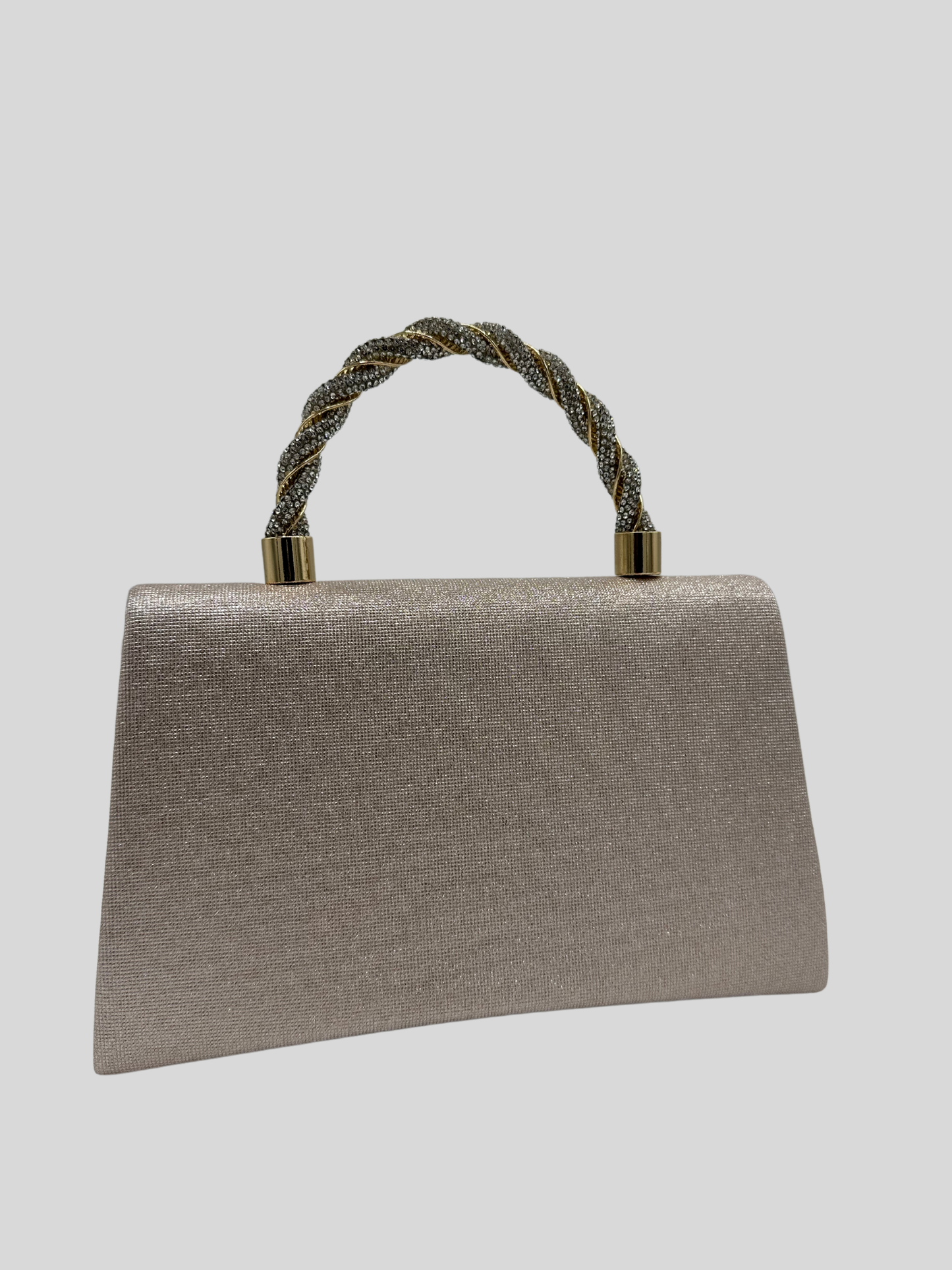 Glitzer Clutch in Champagne mit gold silbernem Griff und Strasssteinen